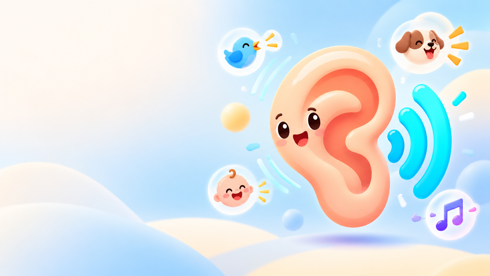 A cheerful cartoon ear surrounded by a laughing baby, a barking dog, a singing bird, and music
